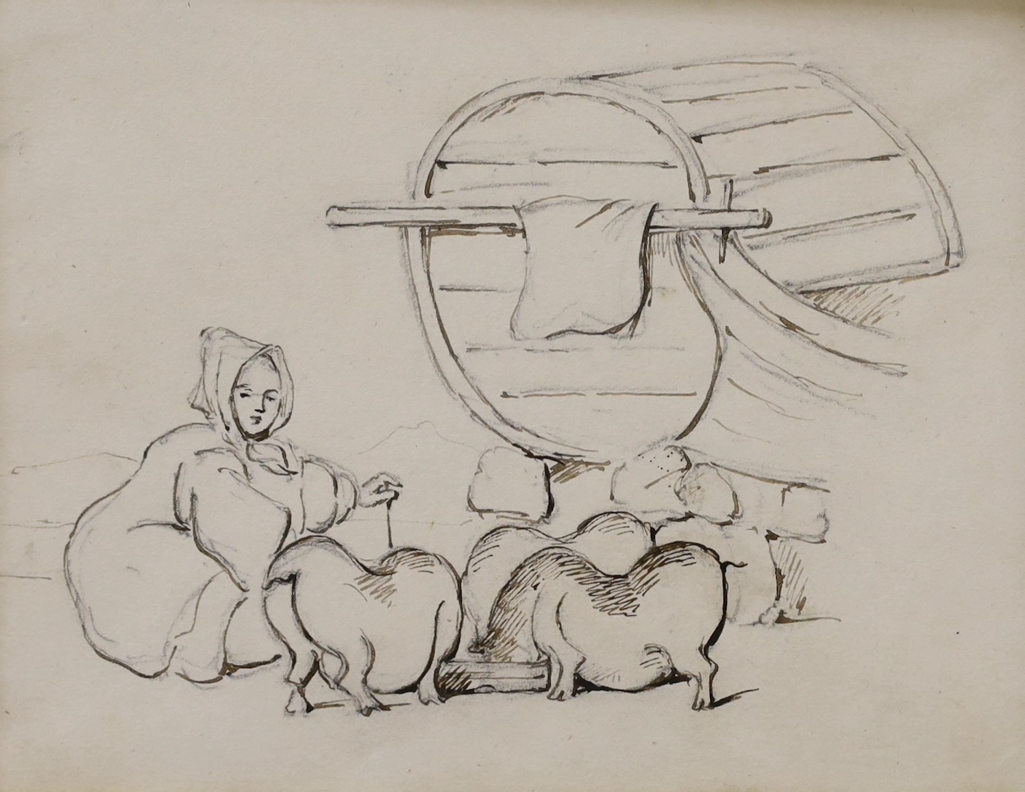 Manner of George Chinnery, three pen and ink drawings, Figure studies, largest 15 x 21cm, unframed